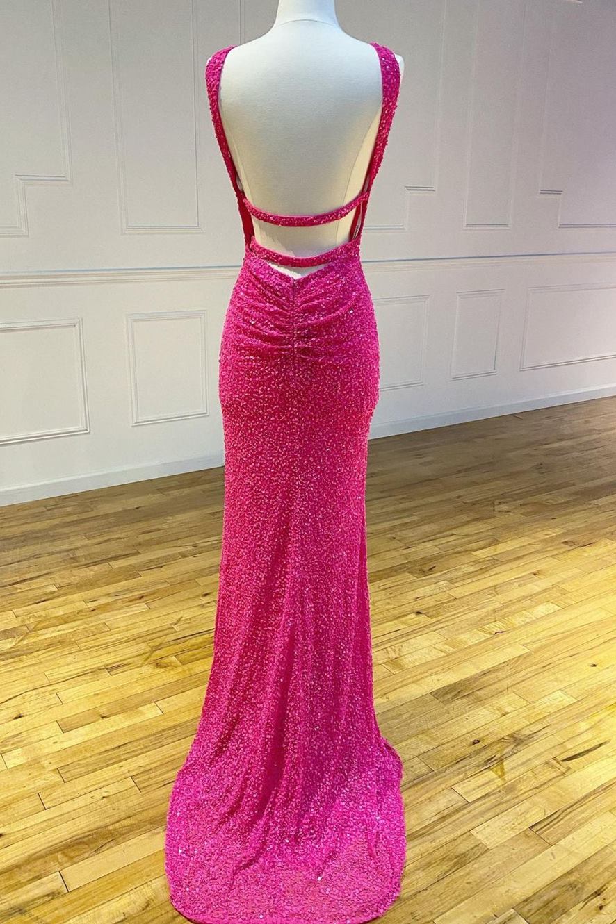Cross Front Hot Pink Sequins Mermaid Long Formal Dress