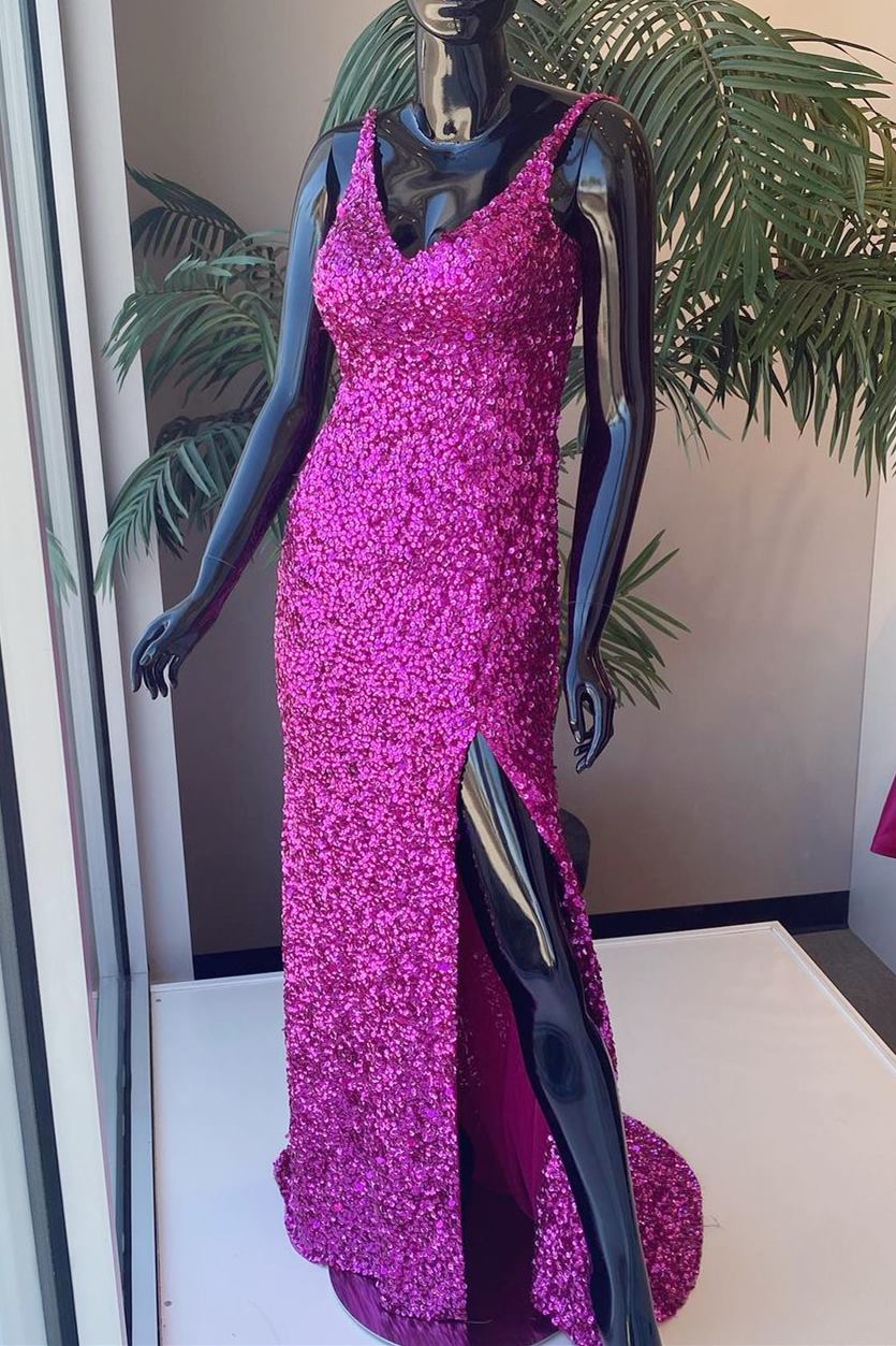 Fuchsia Sequins Mermaid Long Formal Dress with Slit