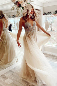 Beaded Champagne A-line Tulle Long Formal Dress