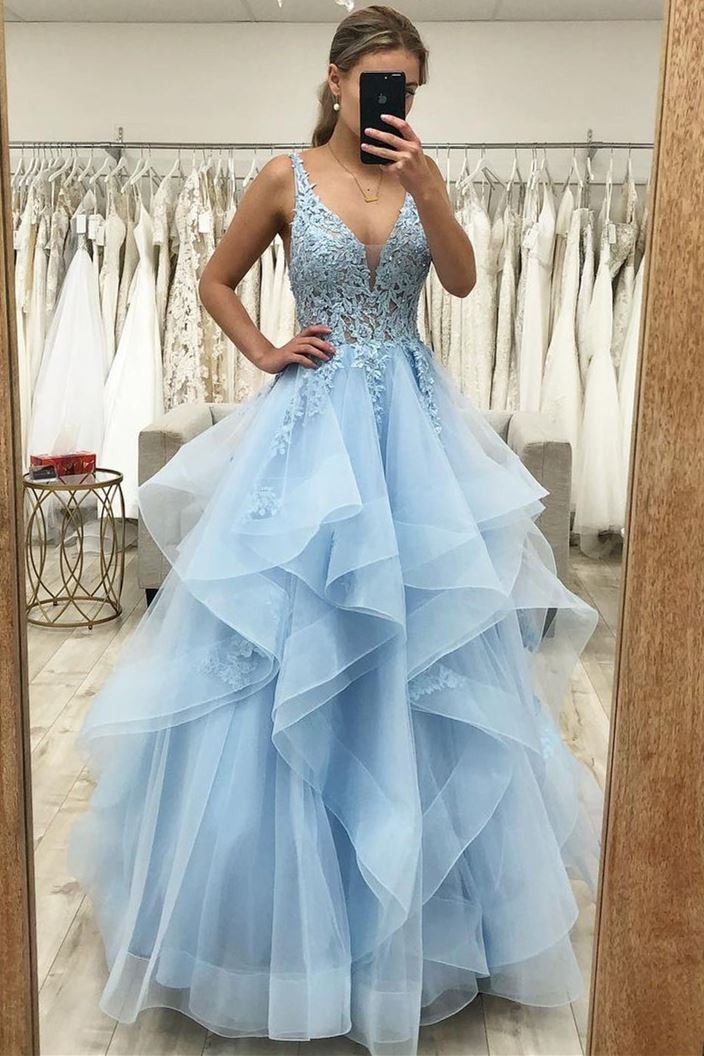 Princess Blue A line Ruffles Long Prom Dress Dreamdressy