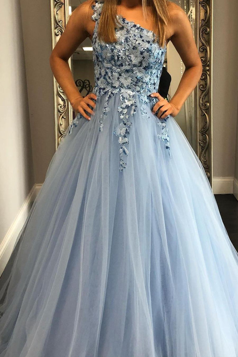 One Shoulder Blue A-line Long Prom Gown