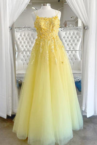 Princess Yellow A-line Sequins and Floral Long Prom Gown