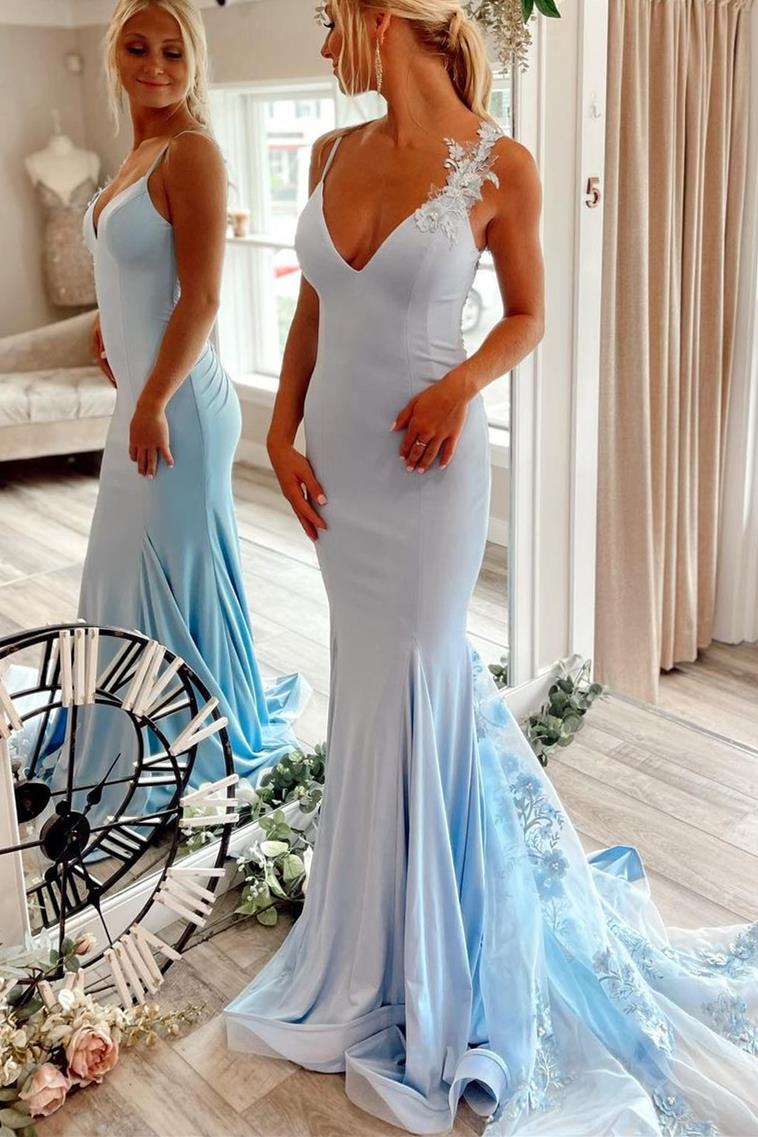 Elegant Light Blue Mermaid Long Prom Dress