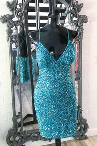 Turquoise Sequins Straps Bodycon Mini Party Dress