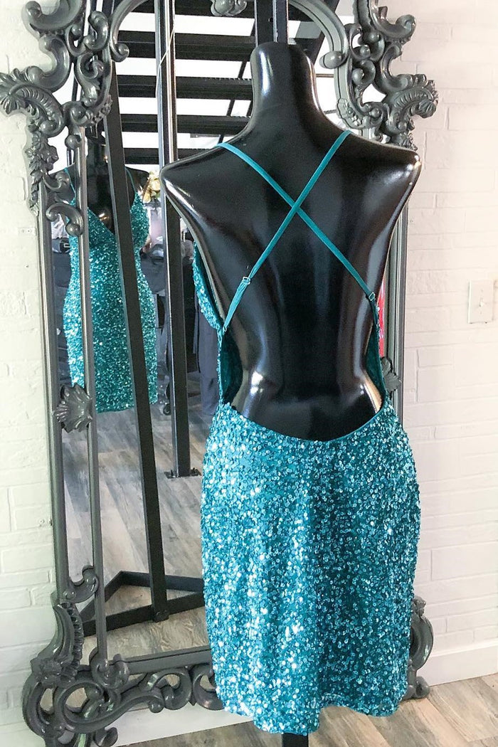 Turquoise Sequins Straps Bodycon Mini Party Dress