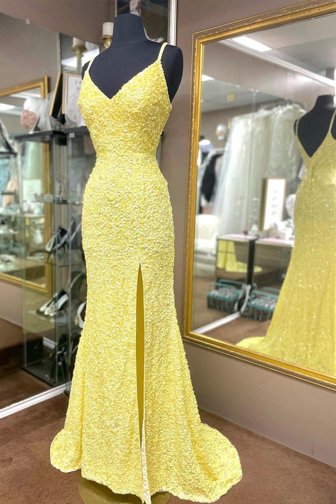 Mermaid Yellow Sequins Long Prom Dress with Slit – Dreamdressy