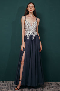 Navy A-line Chiffon Long Prom Dress with White Appliques
