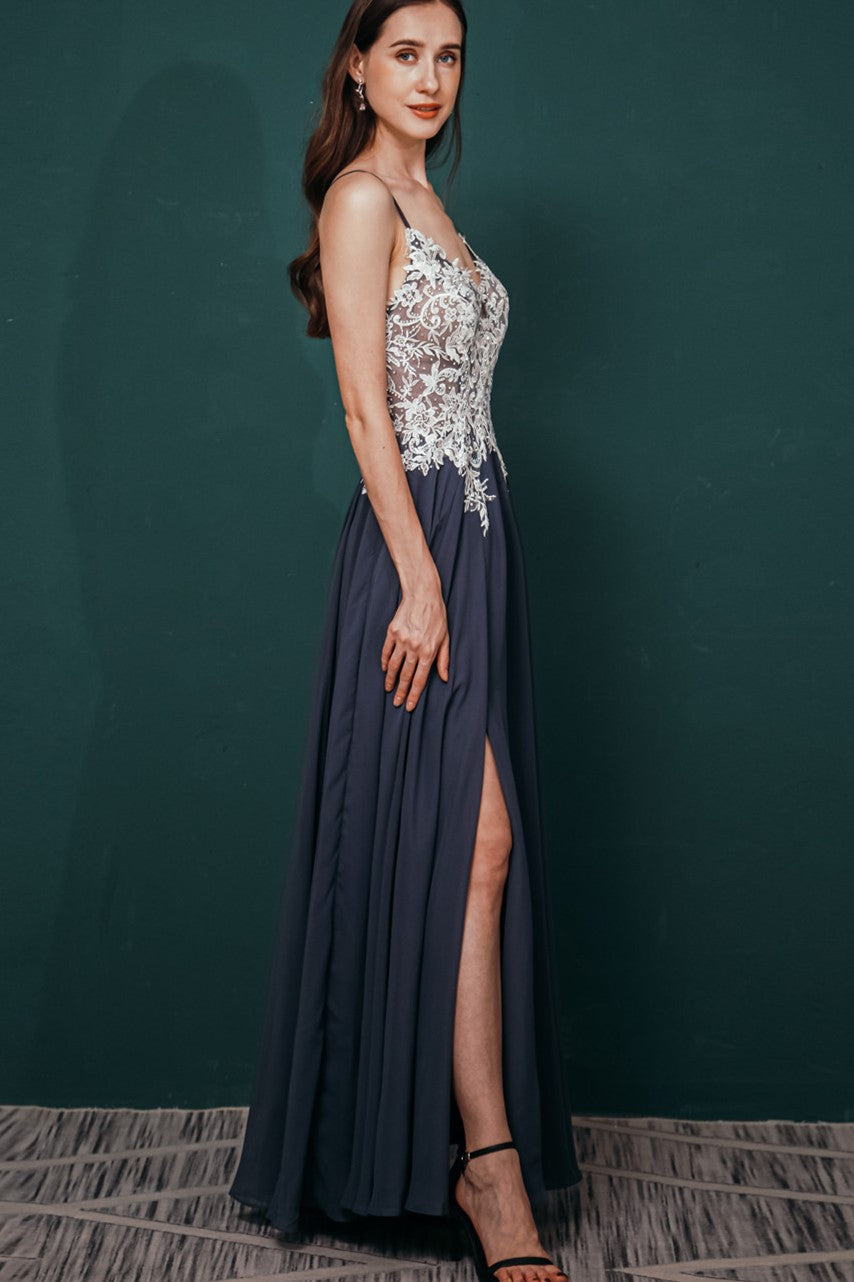 Navy A-line Chiffon Long Prom Dress with White Appliques