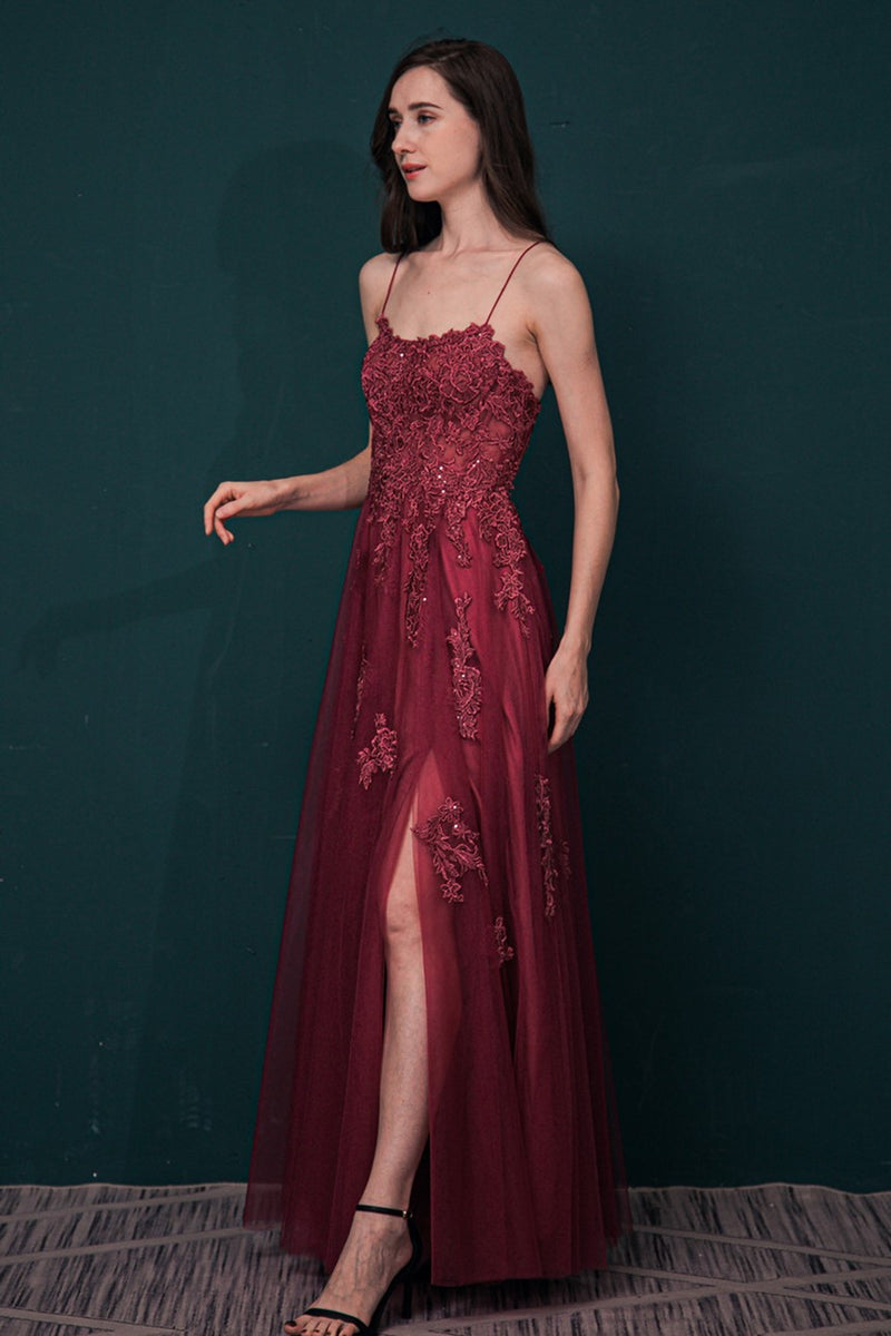 Burgundy A-line Lace Appliques Long Formal Dress
