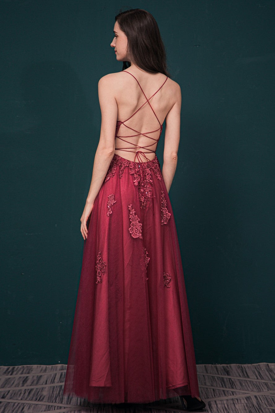 Burgundy A-line Lace Appliques Long Formal Dress