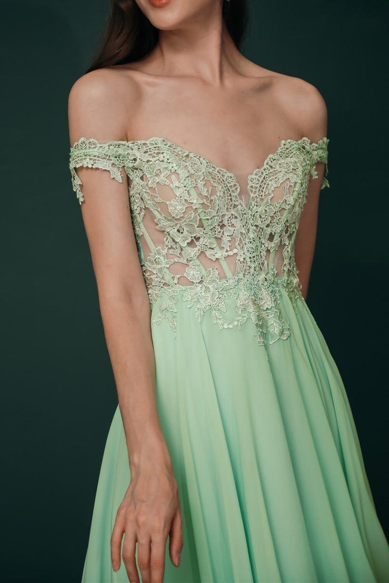 Off the Shoulder Mint Green Chiffon Long Prom Dress