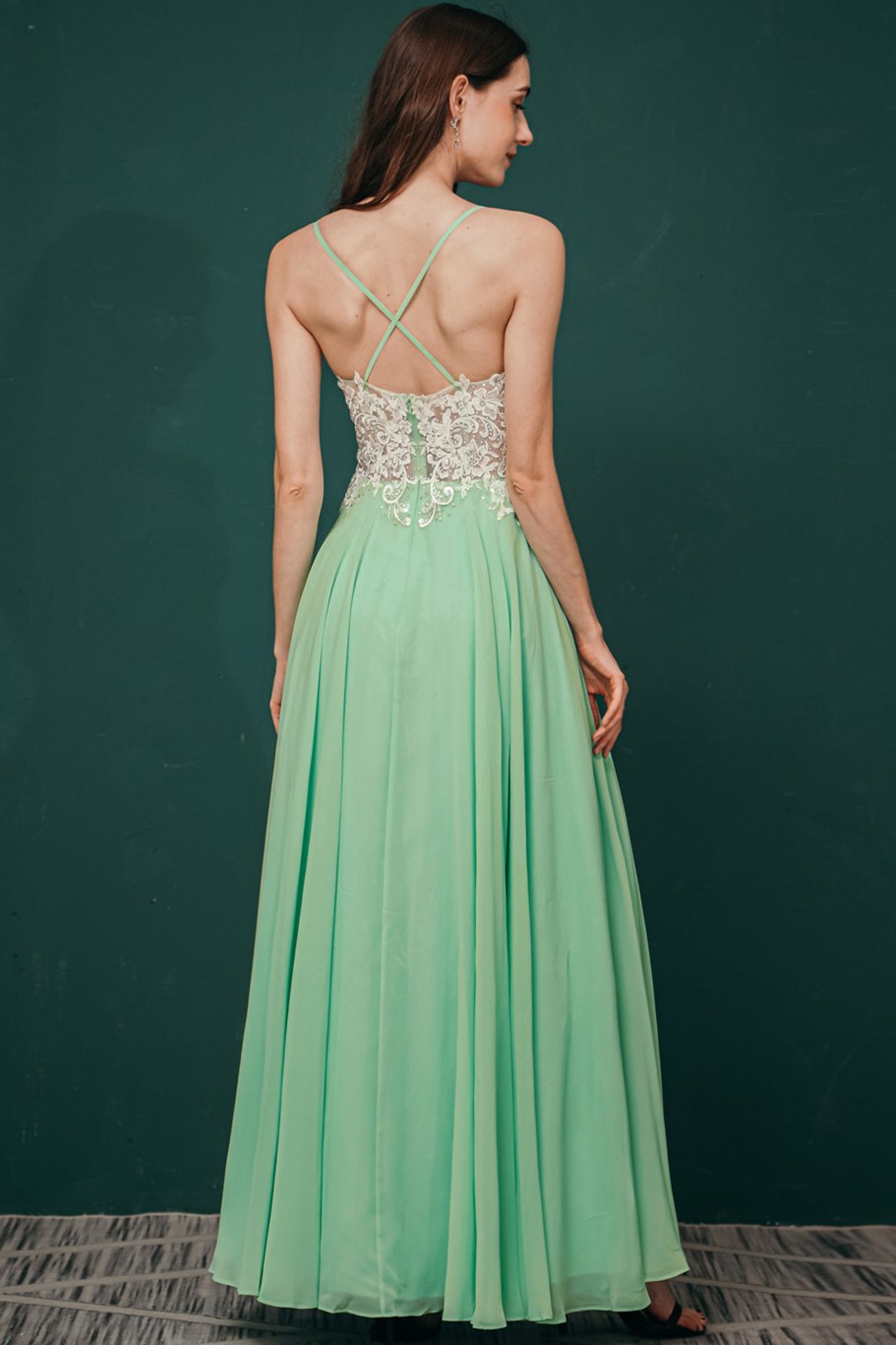 Mint Green Chiffon Spaghetti Straps A-line Long Prom Dress