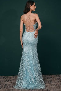 Mermaid Light Blue Appliques Long Prom Dress