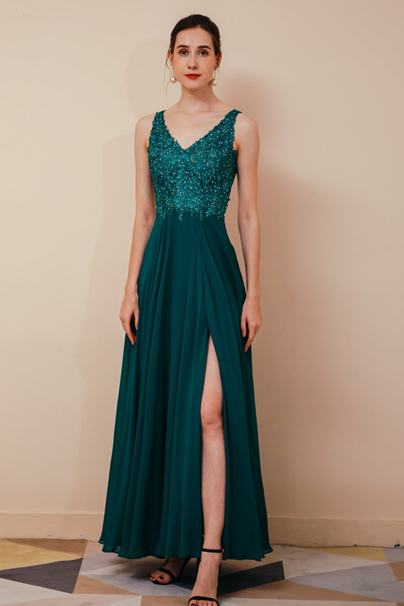 Green A-line Chiffon and Lace Appliques Long Prom Dress