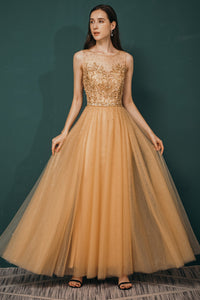 Gold Beaded A-line Tulle Long Formal Dress