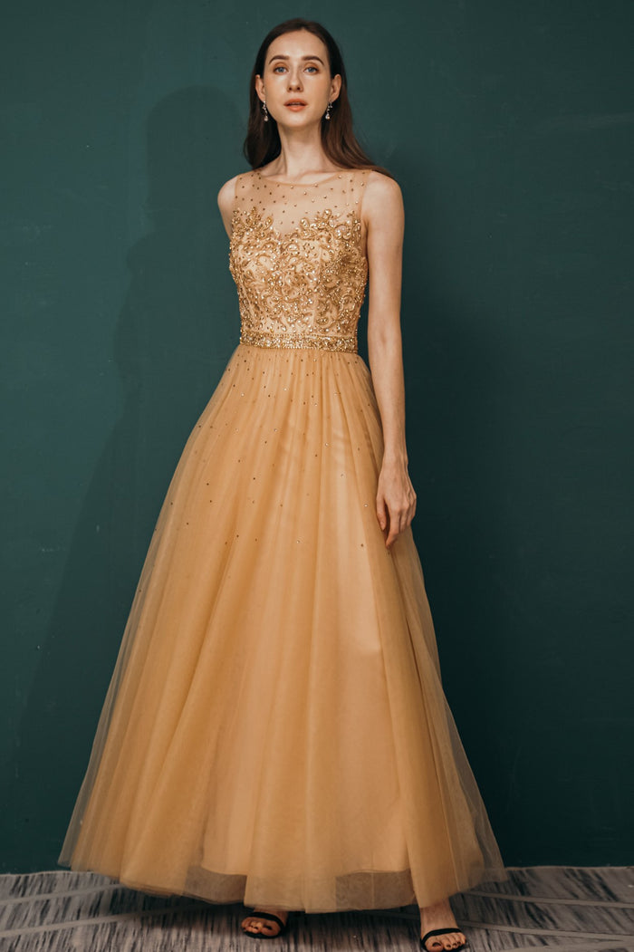 Gold Beaded A-line Tulle Long Formal Dress