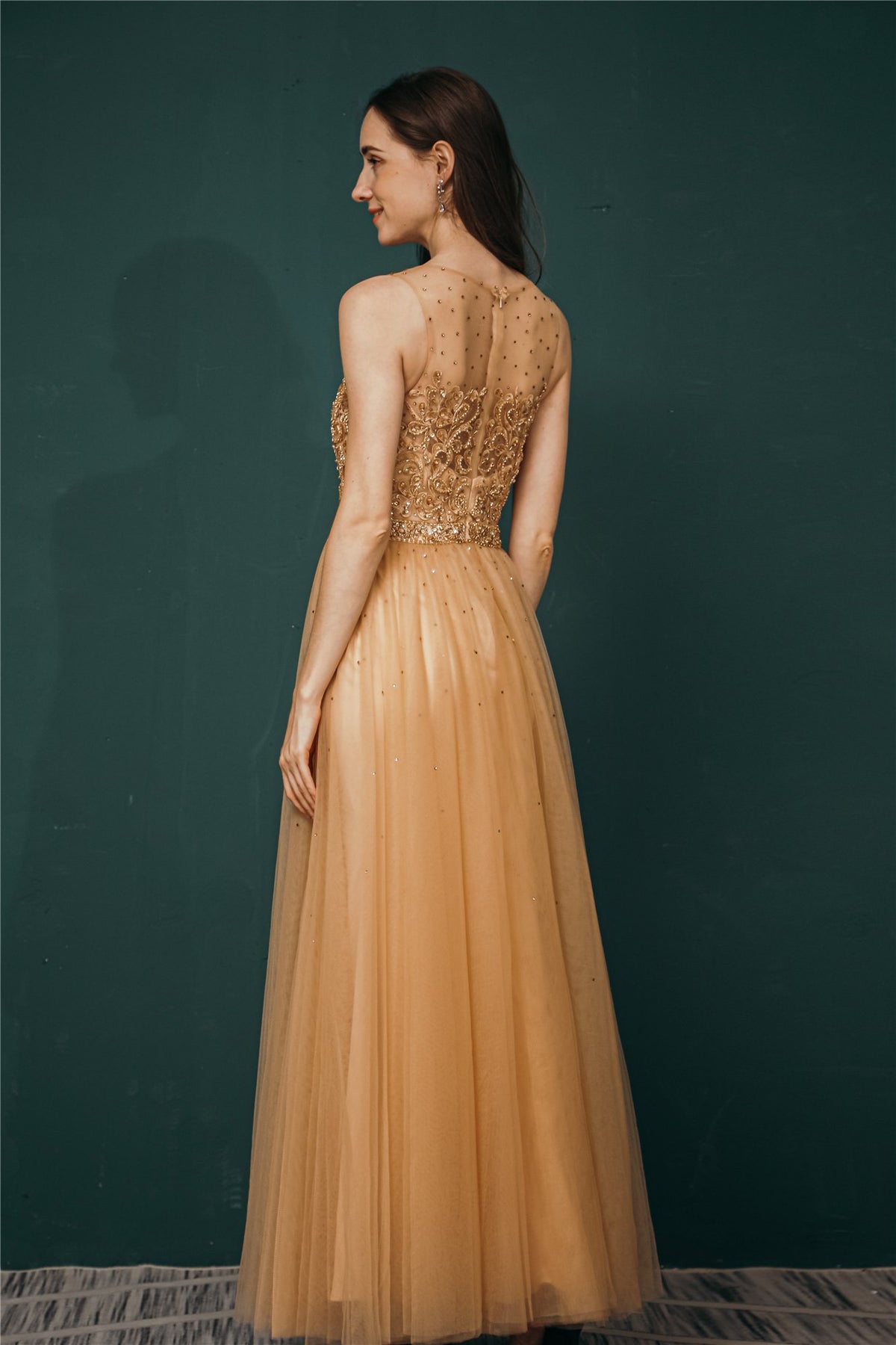 Gold Beaded A-line Tulle Long Formal Dress