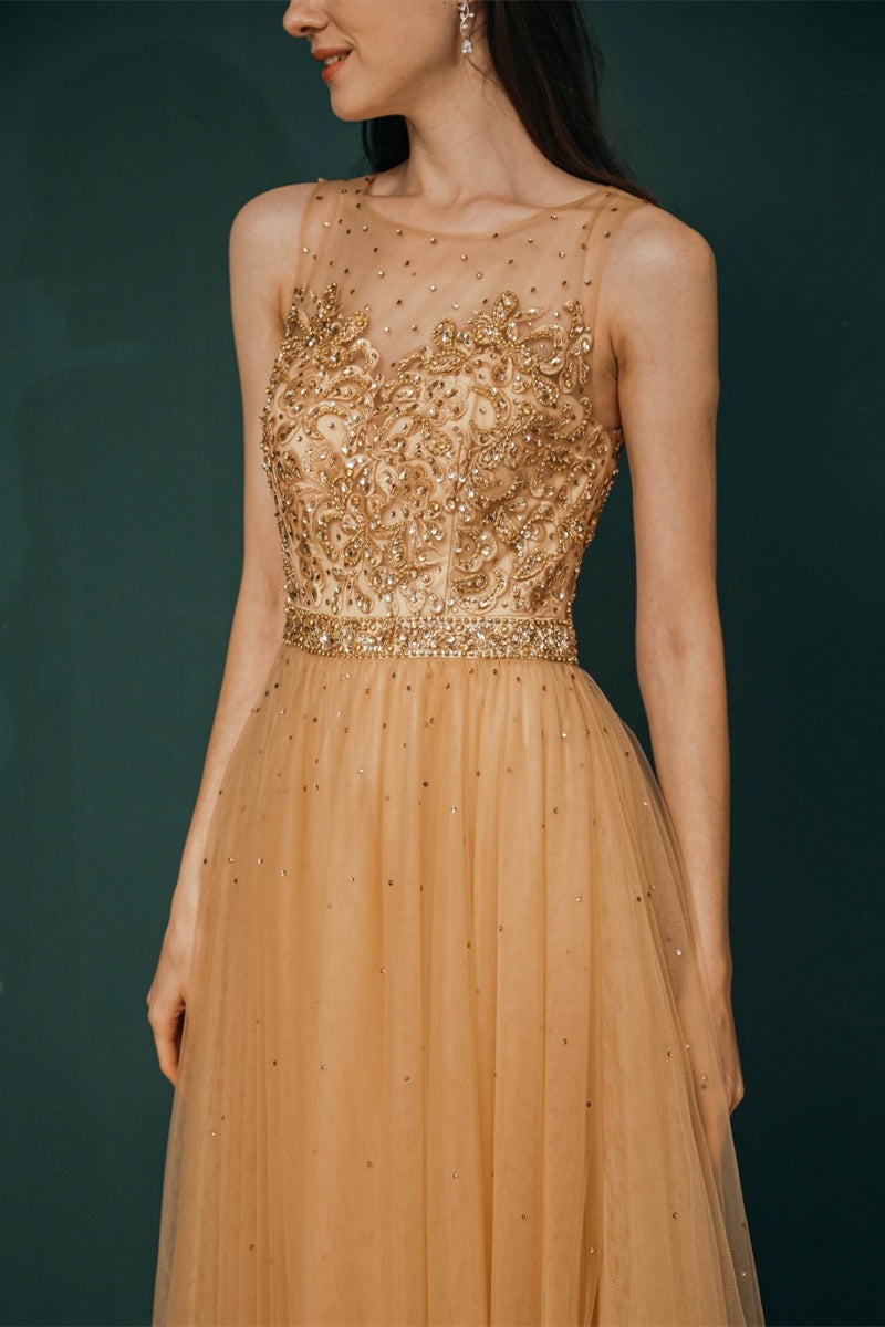 Gold Beaded A-line Tulle Long Formal Dress