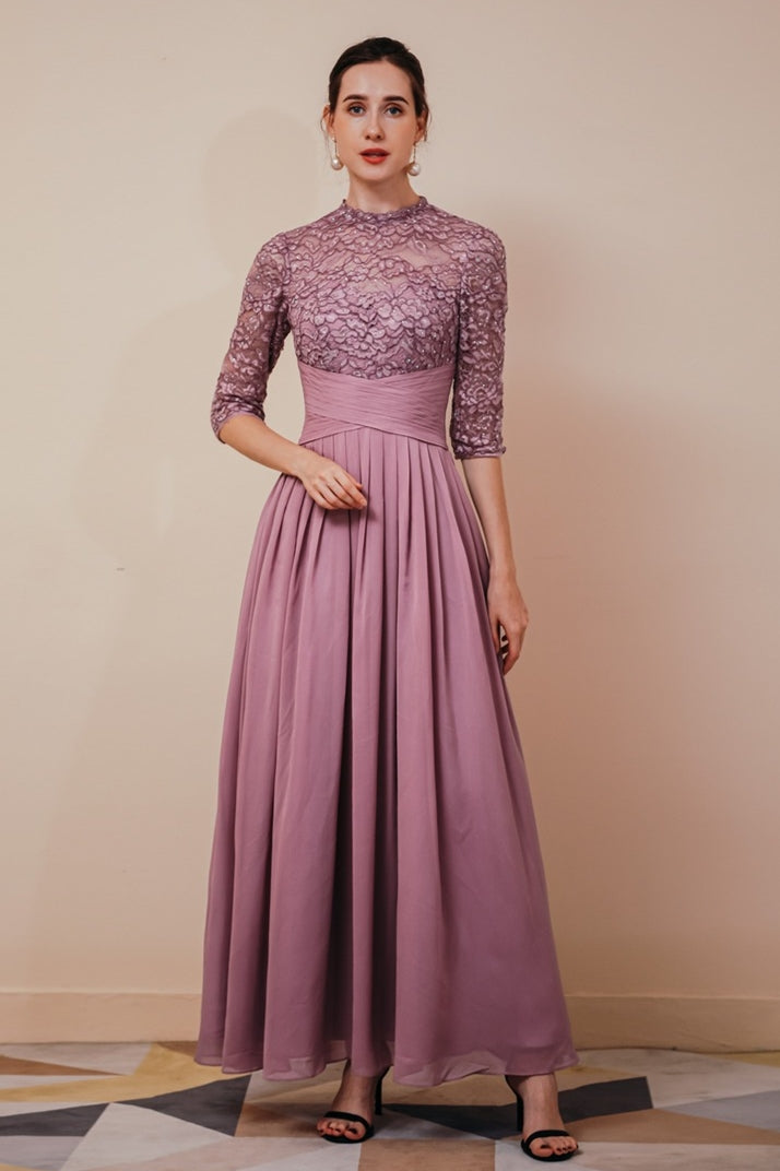 High Neck Mauve Lace and Chiffon Long Mother of the Bride Dress