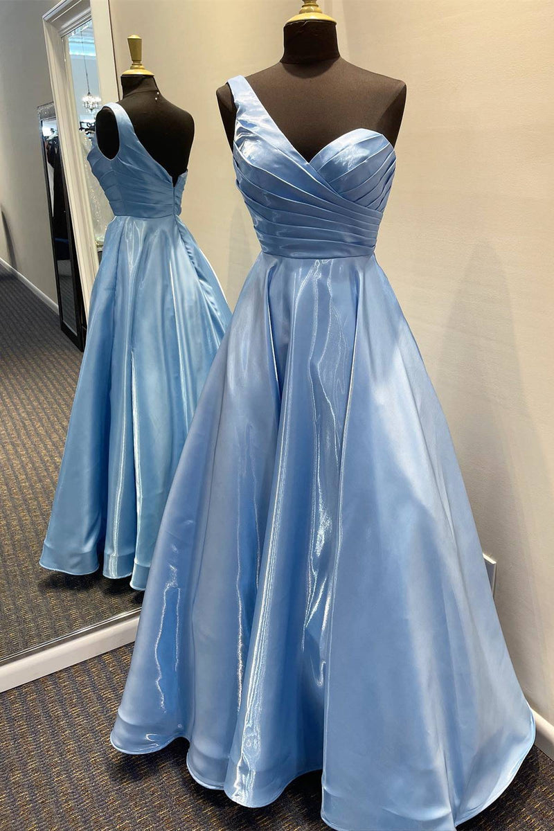 One Shoulder Blue Satin Long Formal Dress