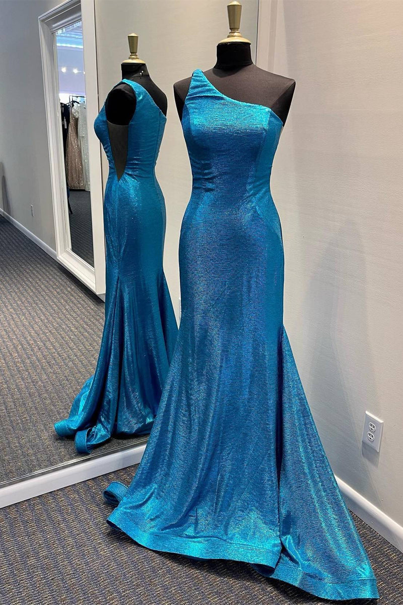 Elegant Mermaid Blue One Shoulder Long Formal Dress