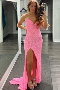 Spaghetti Straps Pink Sequins Mermaid Long Prom Dress