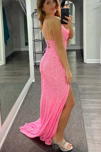 Spaghetti Straps Pink Sequins Mermaid Long Prom Dress