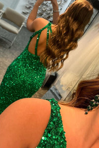 One Shoulder Green Sequins Mermaid Long Prom Dress