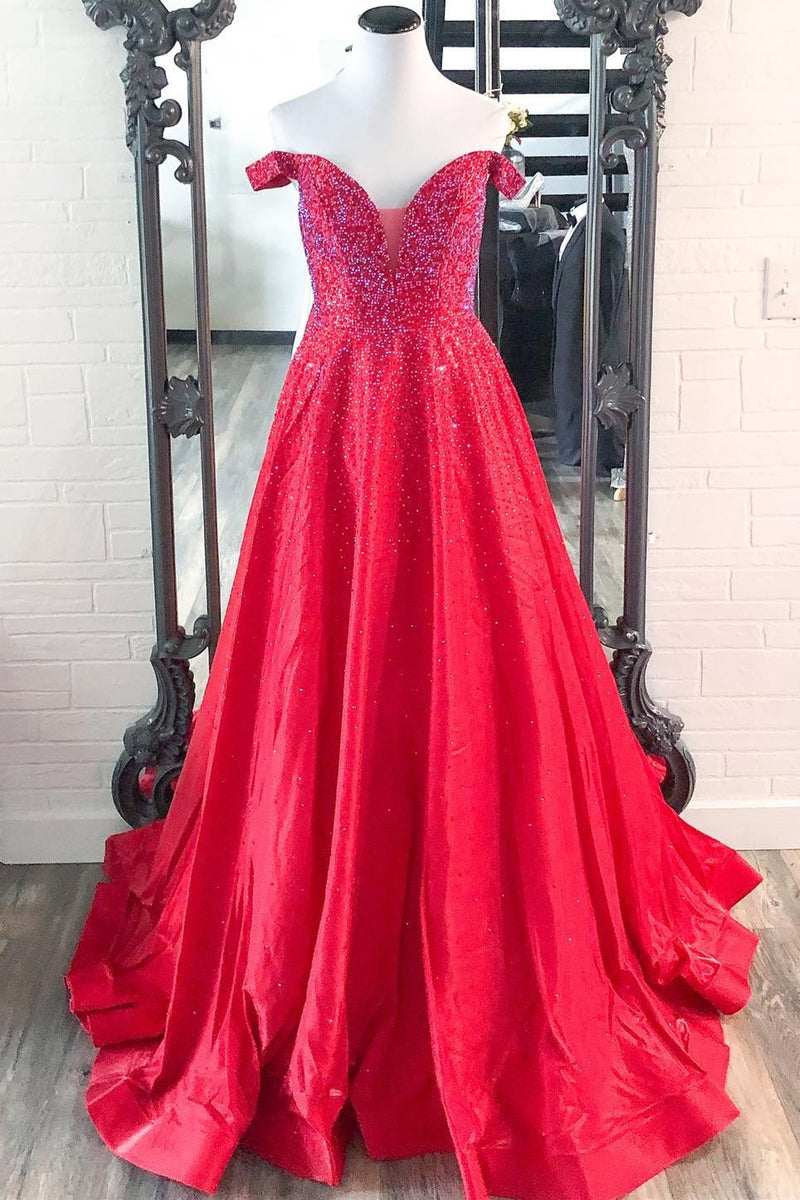 Elegant Off the Shoulder Red Beaded Long Formal Gown