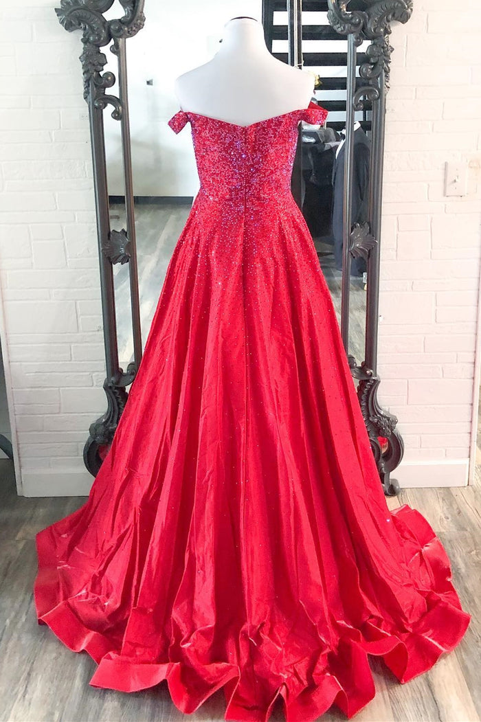 Elegant Off the Shoulder Red Beaded Long Formal Gown