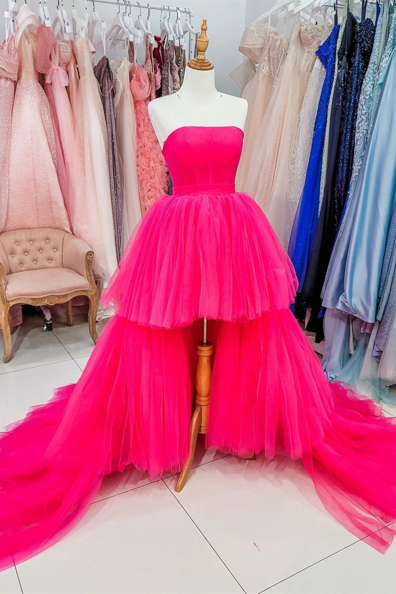 High Low Hot Pink Strapless Formal Gown