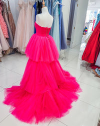High Low Hot Pink Strapless Formal Gown
