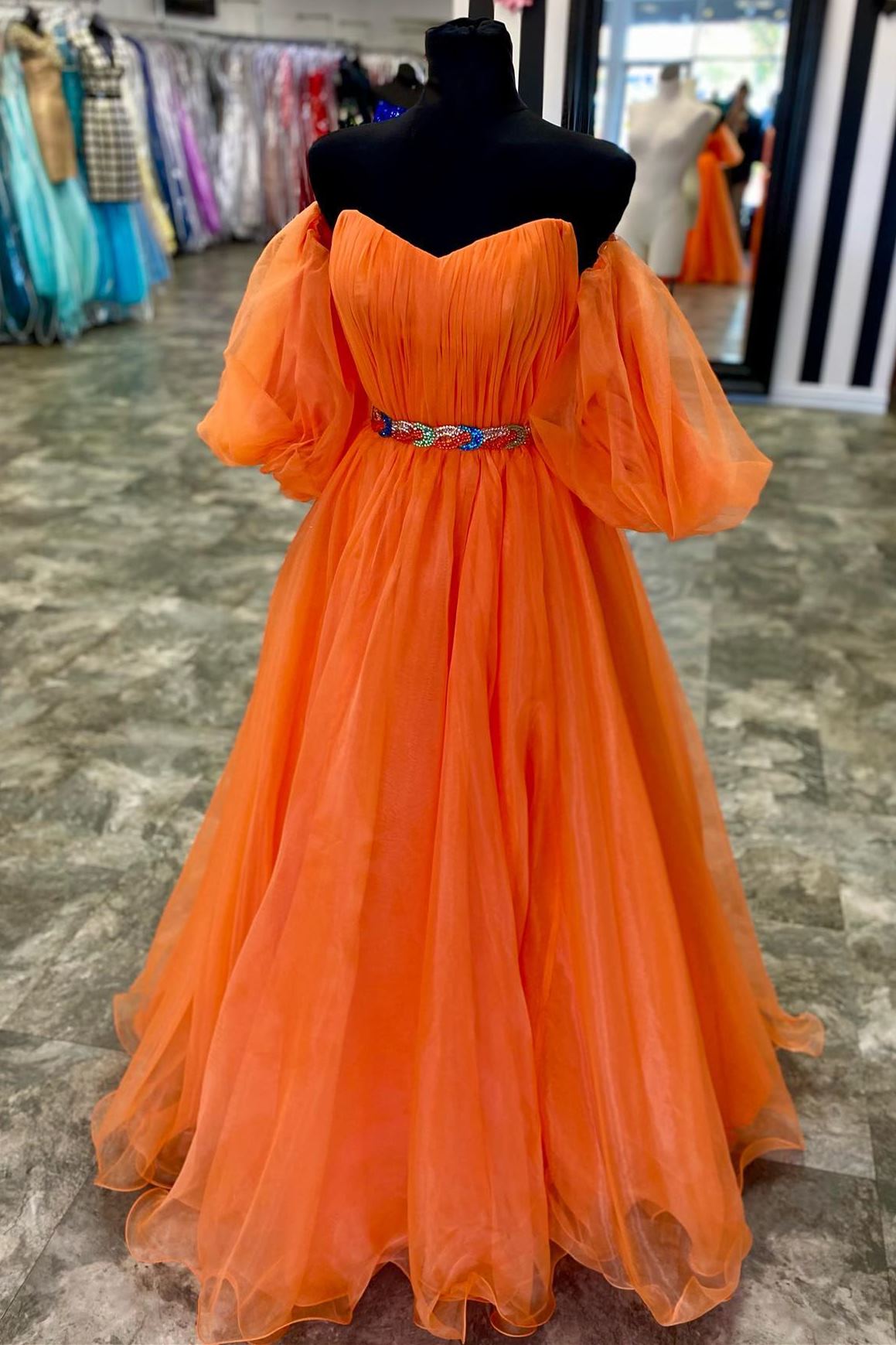 Puffy Sleeves Orange Long Formal Dress