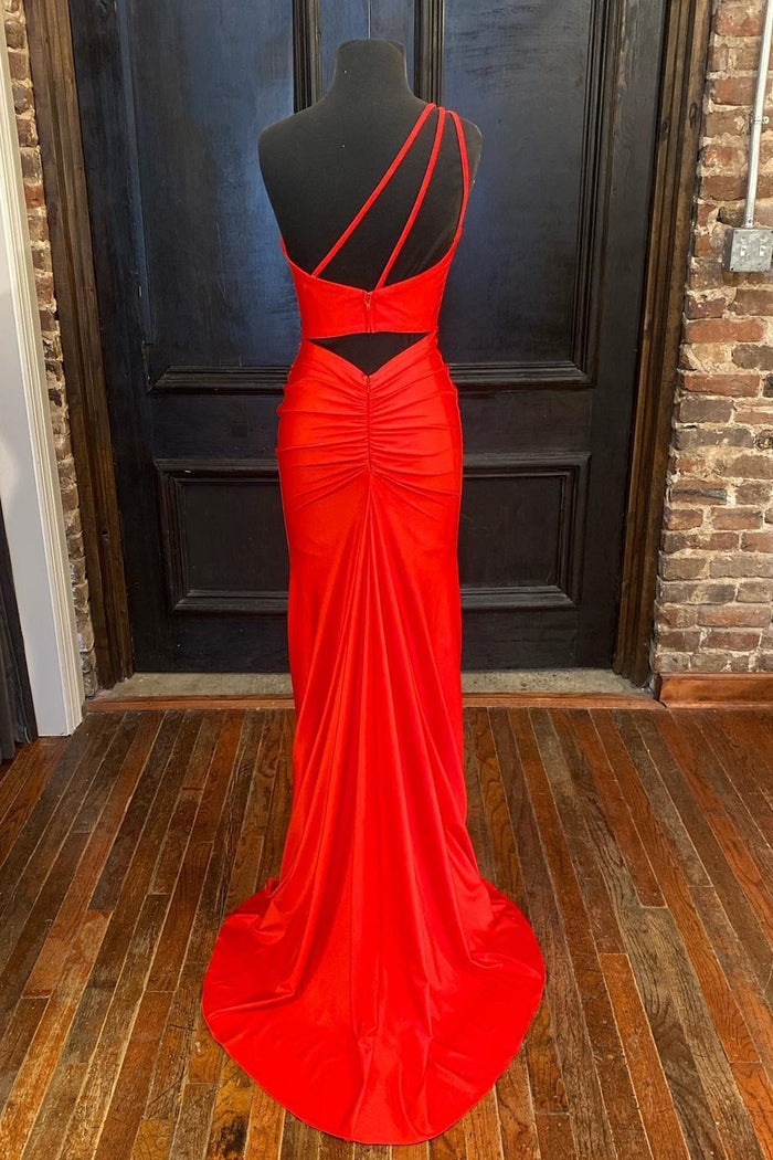 One Shoulder Red Mermaid Long Prom Dress with Slit