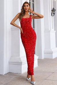 Classic Tea Length Red Sequins Tight Dress