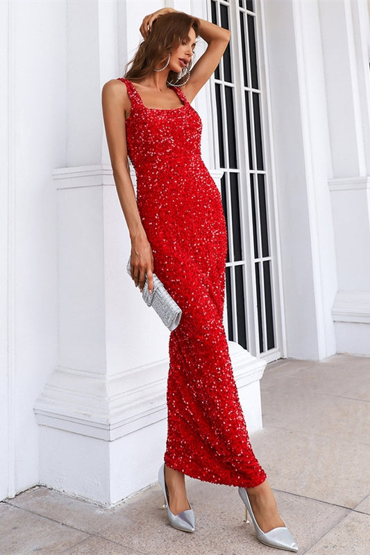 Classic Tea Length Red Sequins Tight Dress