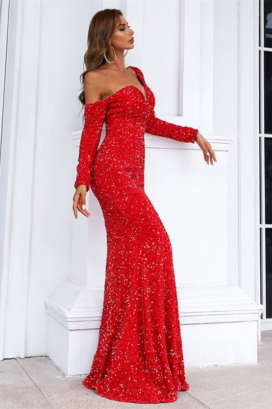 Stunning Long Sleeves Red Sequins Mermaid Long Dress
