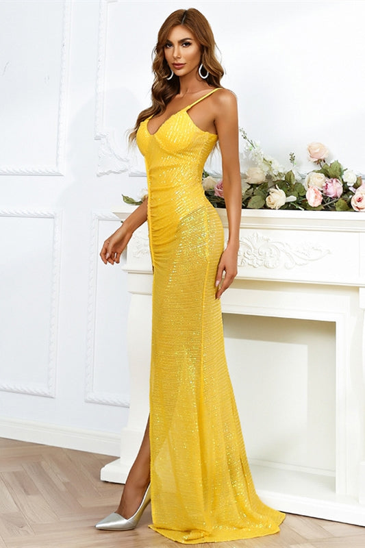 Sexy Yellow Mermaid See Through Long Dress