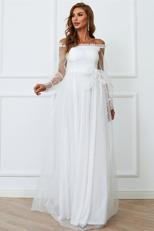 Casual Long Sleeves White Tulle Long Wedding Dress