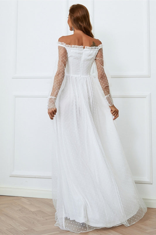 Casual Long Sleeves White Tulle Long Wedding Dress
