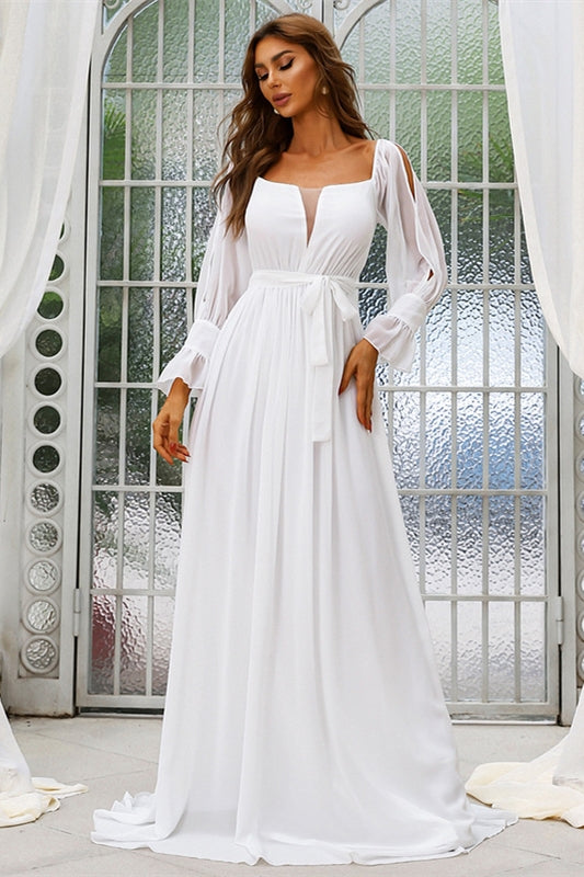 Simple Ivory Satin Long Sleeves Pleated Reception Dress - VQ