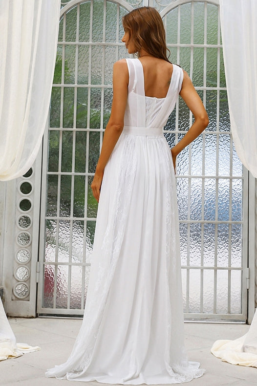 Simple White Chiffon Sleeveless Long Wedding Dress
