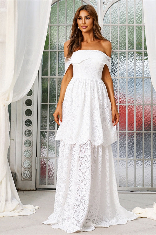 Off the Shoulder White Lace Layers Long Wedding Dress