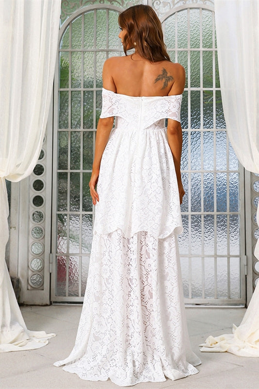 Off the Shoulder White Lace Layers Long Wedding Dress