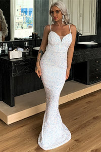 White Sequins Mermaid Long Dress with Spaghetti Straps