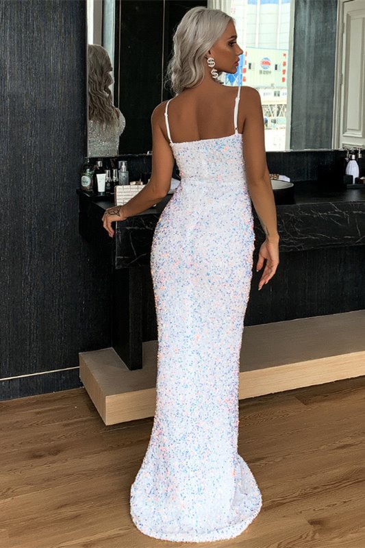 White Sequins Mermaid Long Dress with Spaghetti Straps