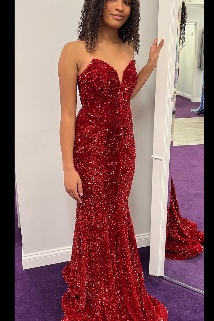 Mermaid Red Sequins Strapless Long Prom Dress