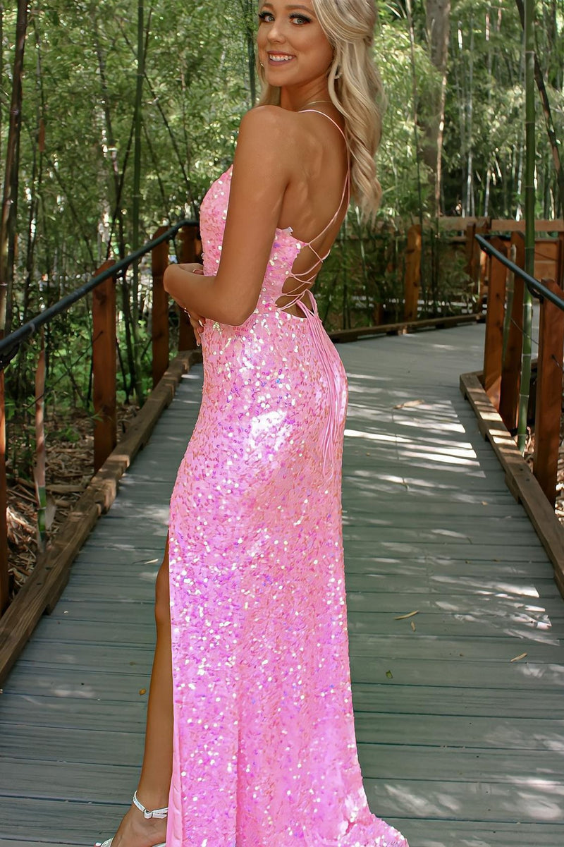 Pink Sequins Mermaid Long Prom Dress