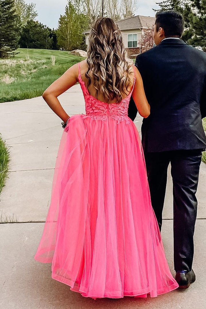 Hot Pink Princess A-line Lace and Tulle Prom Dress