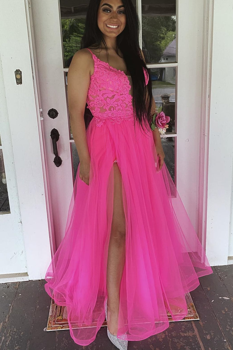 Hot Pink Princess A-line Lace and Tulle Prom Dress
